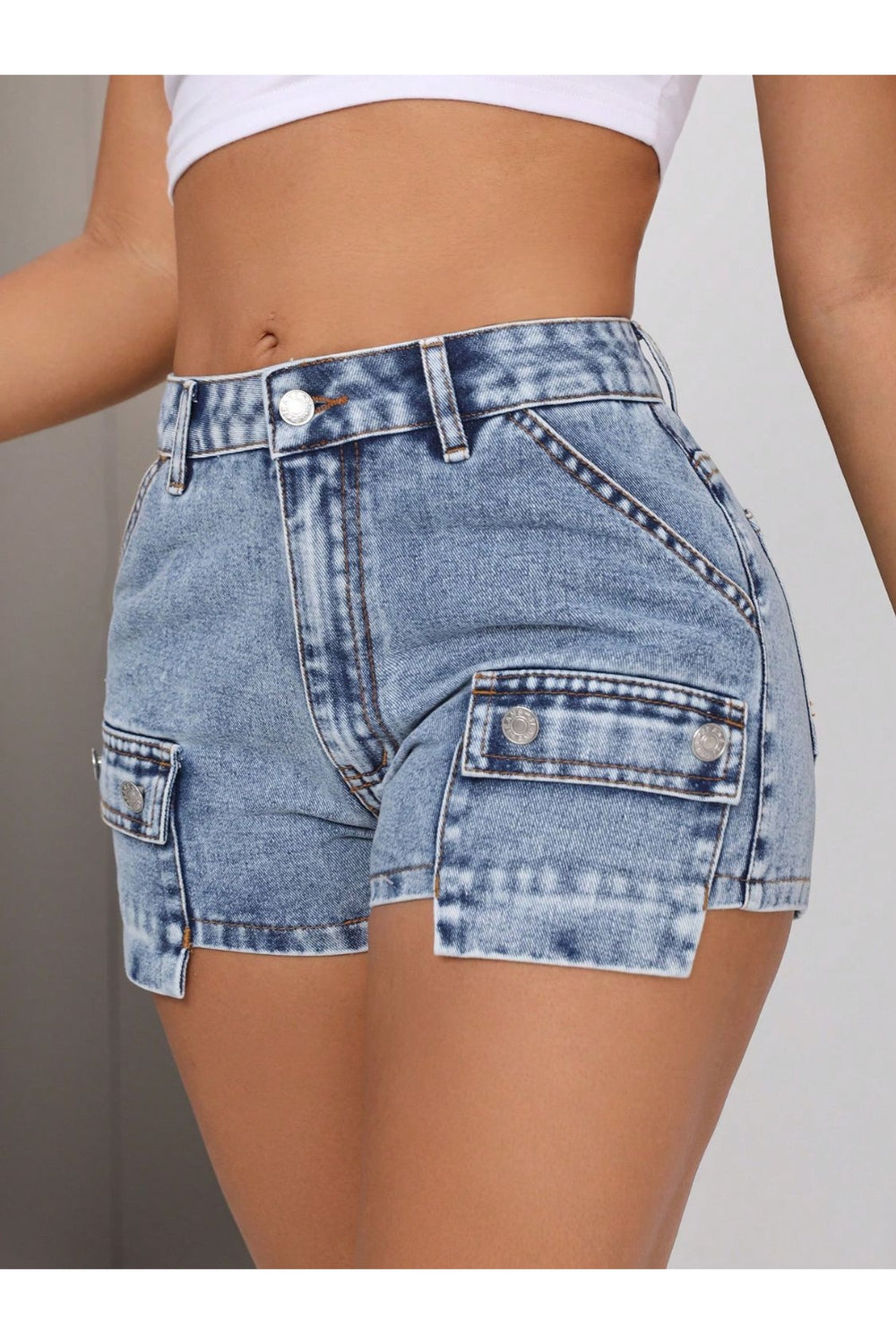 Mid-Rise Waist Denim Shorts with Pockets - Denim Shorts - FITGGINS