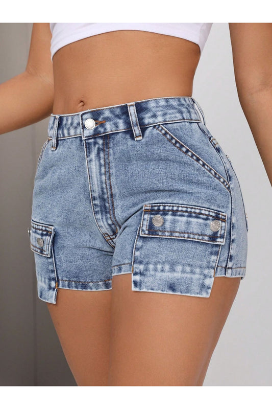 Mid-Rise Waist Denim Shorts with Pockets - Denim Shorts - FITGGINS