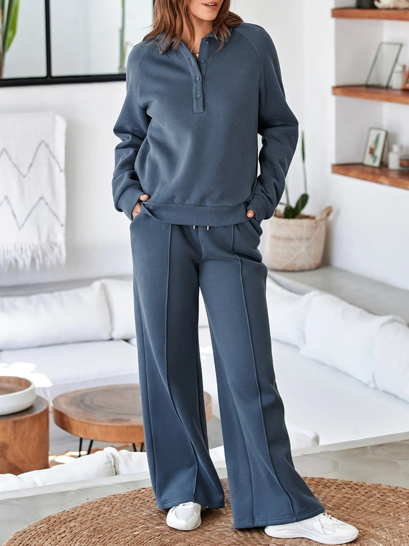 Collared Sweatshirt and High Waist Pants Active Set Fitggins