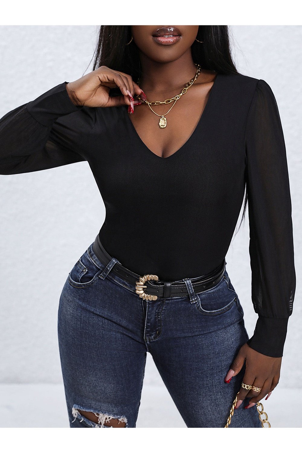 V-Neck Long Sleeve Bodysuit - Bodysuit - FITGGINS