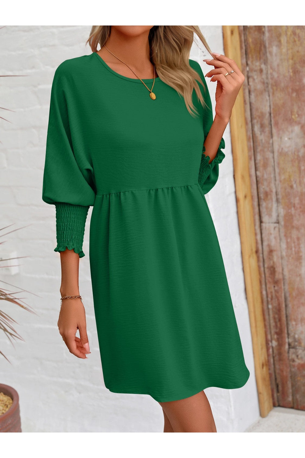 Round Neck Lantern Sleeve Mini Dress - Casual & Maxi Dresses - FITGGINS