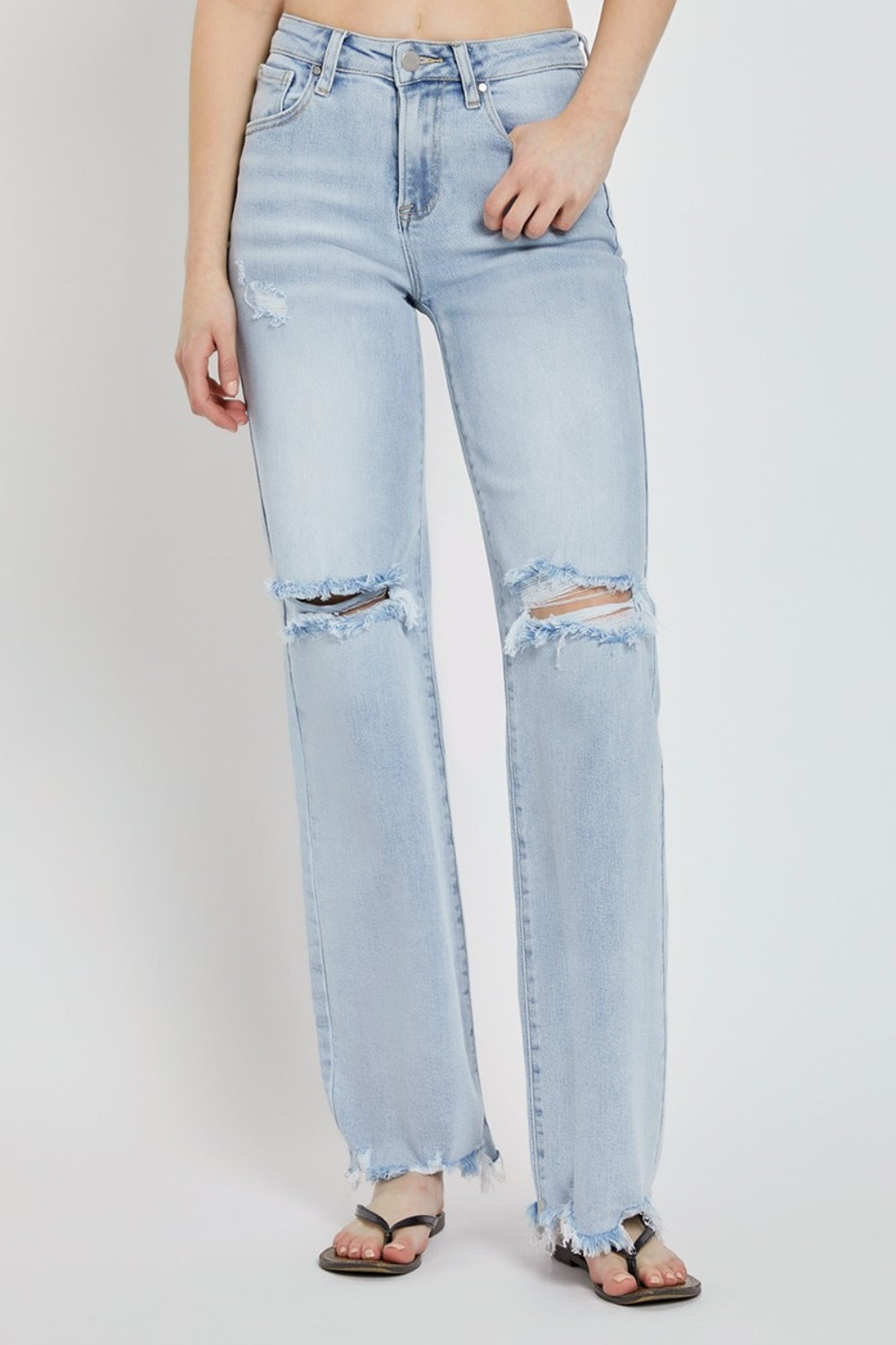 RISEN Full Size High Rise Distressed Wide Leg Jeans - Jeans - FITGGINS