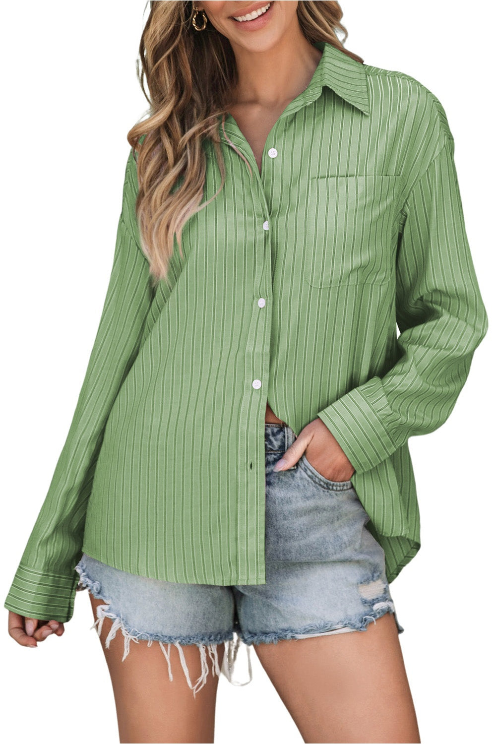 Striped Button Up Long Sleeve Shirt - Shirts - FITGGINS