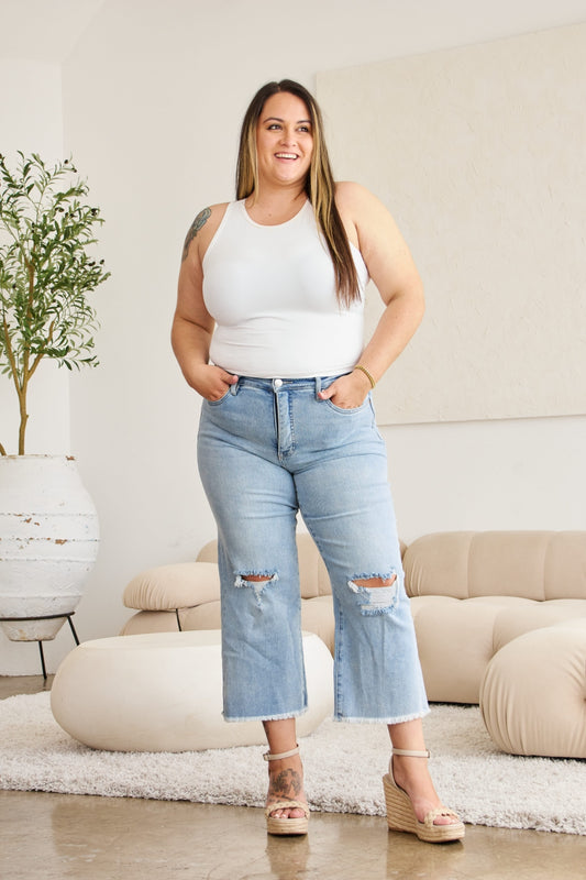 RFM Full Size Tummy Control High Waist Raw Hem Distressed Jeans - Jeans - FITGGINS