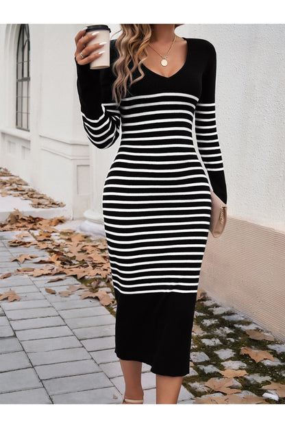 Striped V-Neck Long Sleeve Sweater Dress - Sweater Dresses - FITGGINS