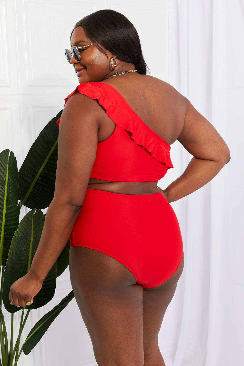 Marina West Swim Seaside Romance Ruffle One-Shoulder Bikini in Red - Bikinis & Tankinis - FITGGINS