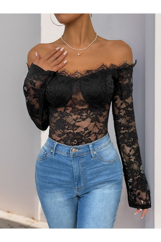 Perfee Lace Off-Shoulder Long Sleeve Bodysuit - Bodysuit - FITGGINS