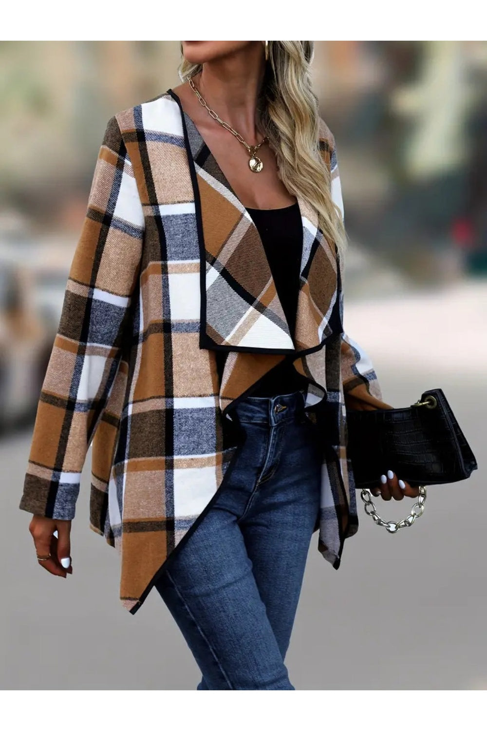 Plaid Open Front Long Sleeve Jacket - Jackets - FITGGINS