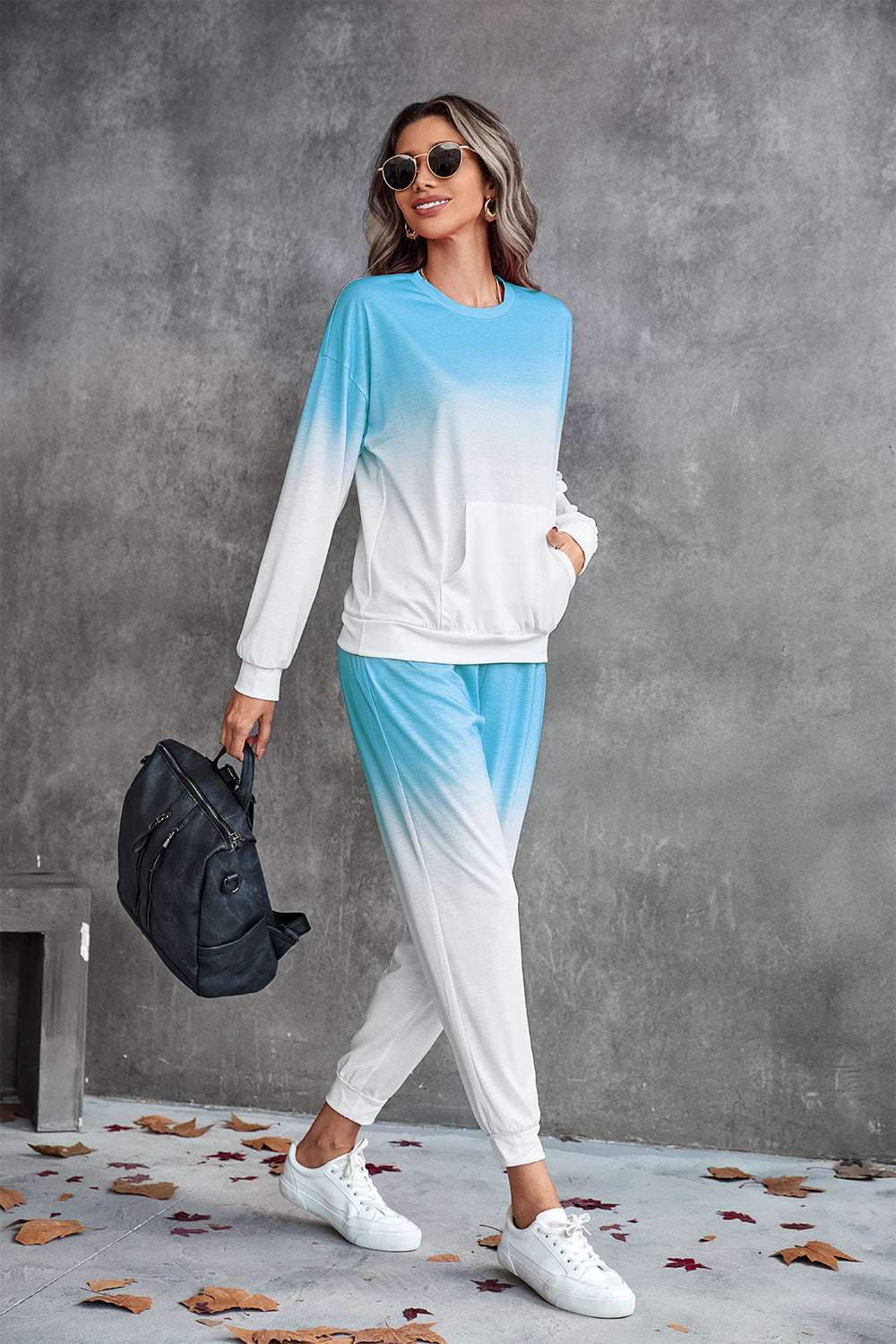 Gradient Round Neck Sweatshirt and Joggers Set - Active Set - FITGGINS