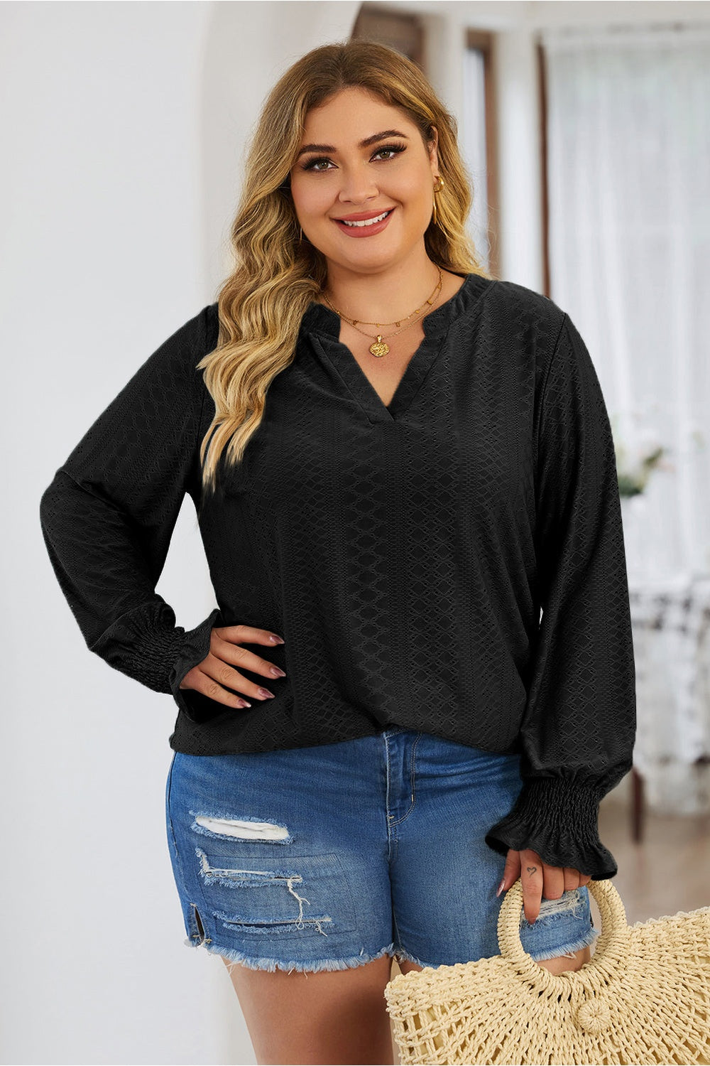 Plus Size Eyelet Notched Flounce Sleeve Blouse - Blouses - FITGGINS