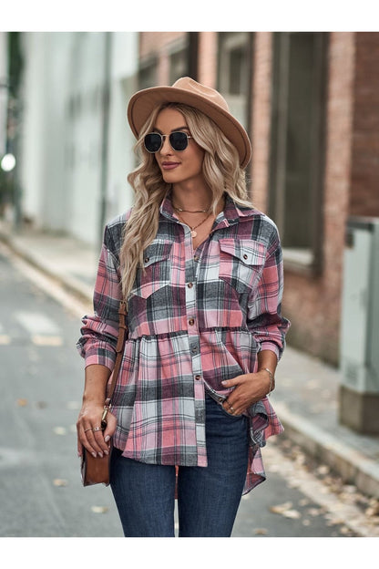 Plaid Button Up Dropped Shoulder Shirt - Shirts - FITGGINS