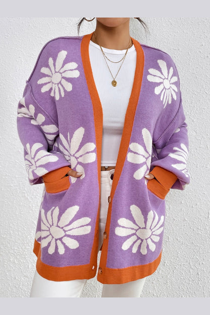 Contrast Dropped Shoulder Long Sleeve Cardigan - Cardigans - FITGGINS