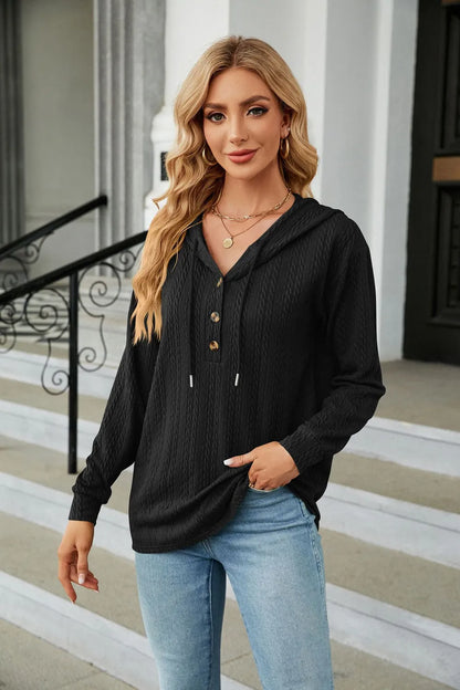 Cable-Knit Long Sleeve Hoodie Black Fitggins