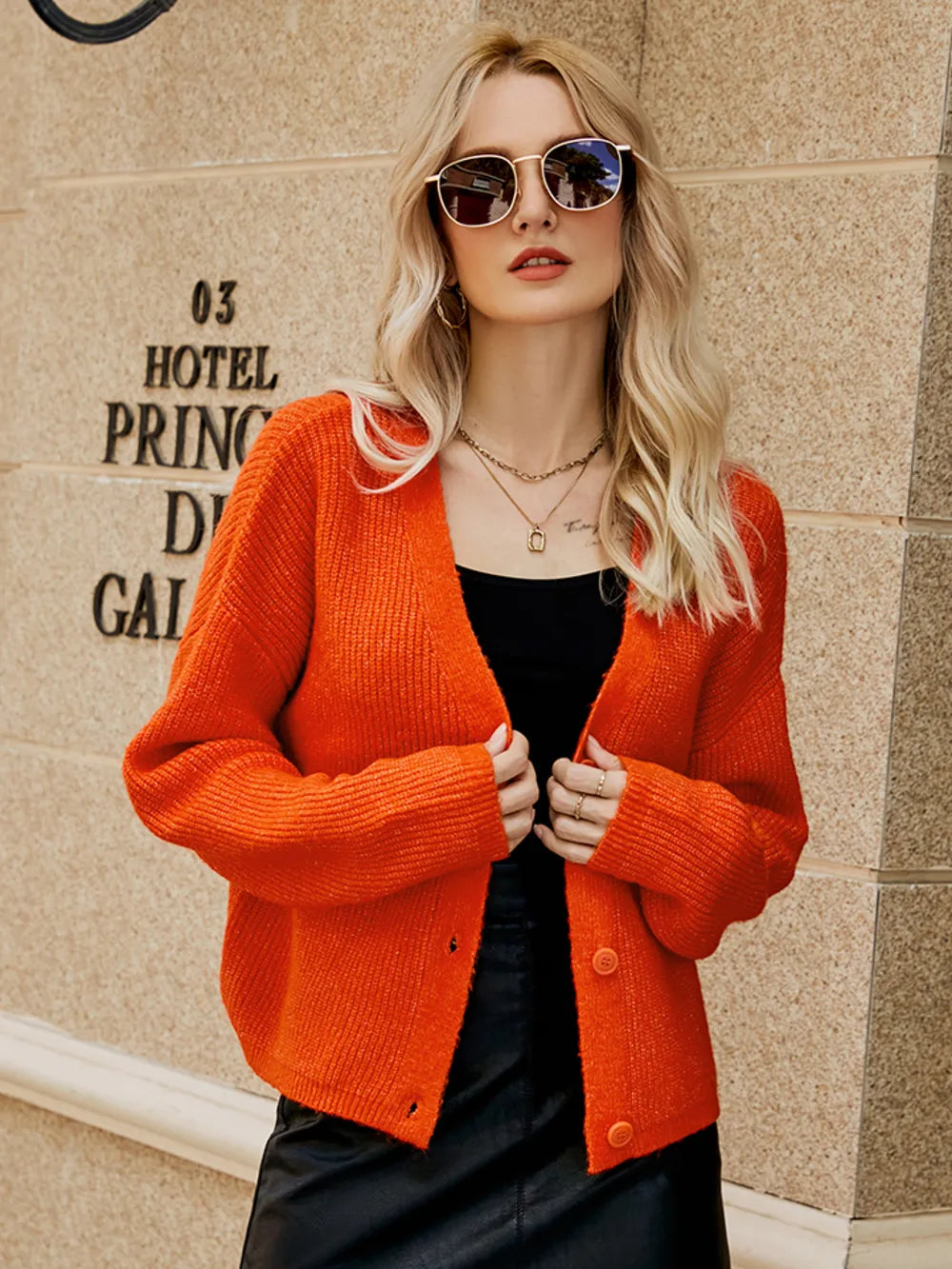 Dropped-Shoulder Button-Up Cardigan Orange-Red Fitggins