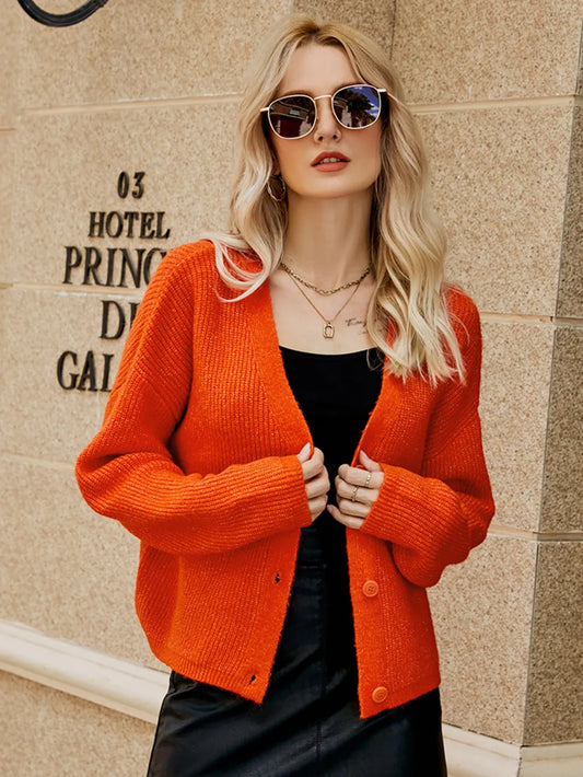 Dropped-Shoulder Button-Up Cardigan Orange-Red Fitggins