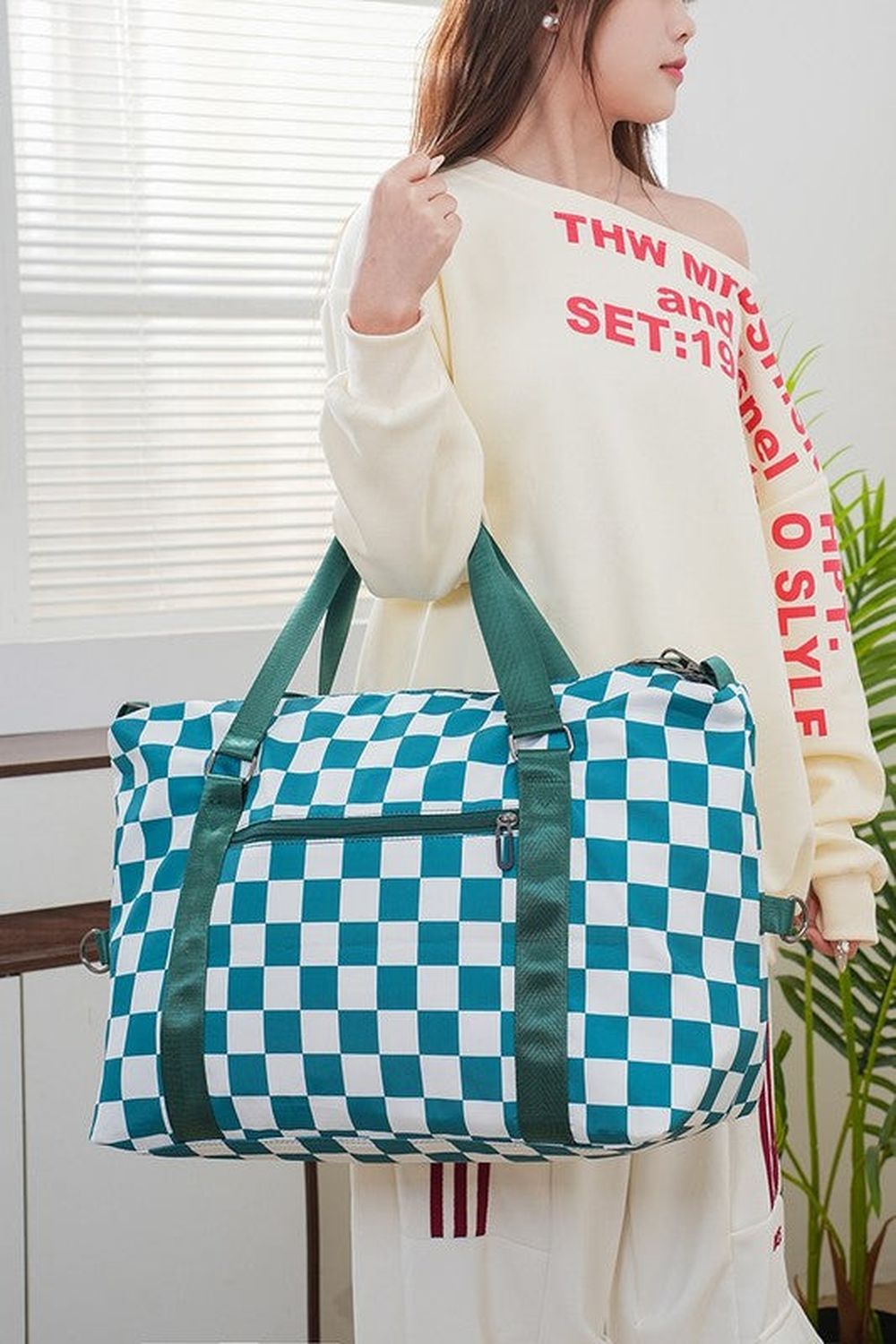 Zenana Checkered Multi-Pocket Travel Bag - Handbag - FITGGINS