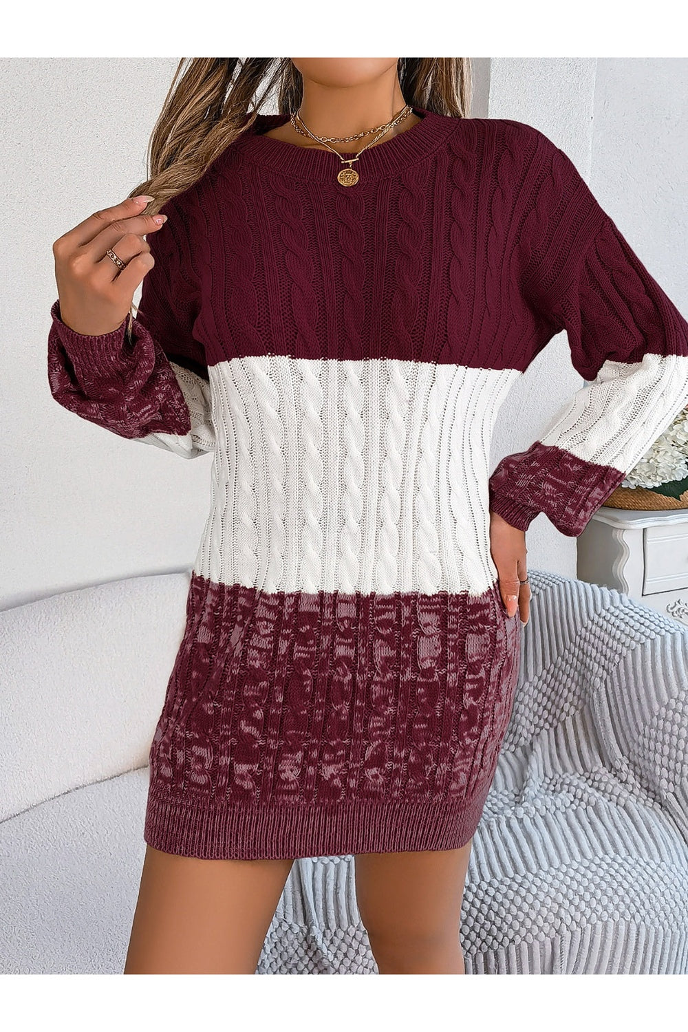 Cable-Knit Round Neck Color Block Sweater Dress - Sweater Dresses - FITGGINS