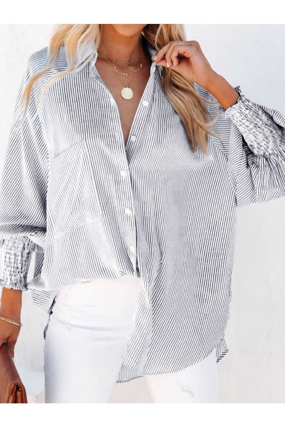 Striped Collared Neck Lantern Sleeve Shirt - Shirts - FITGGINS