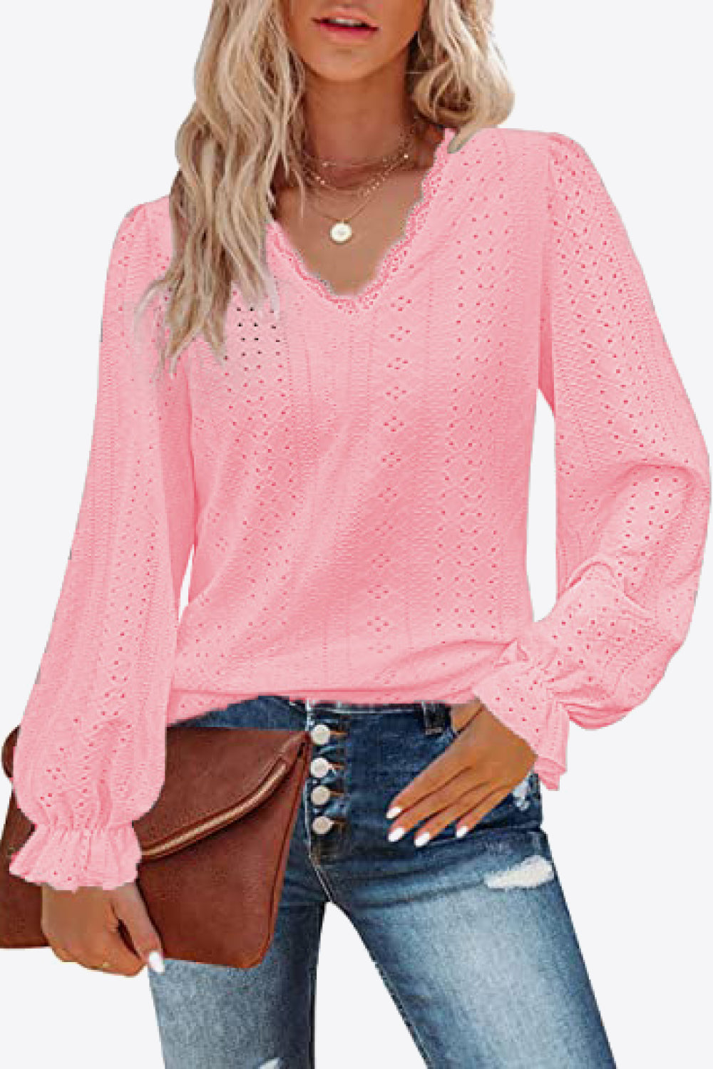 Eyelet V-Neck Flounce Sleeve Blouse Pink Fitggins
