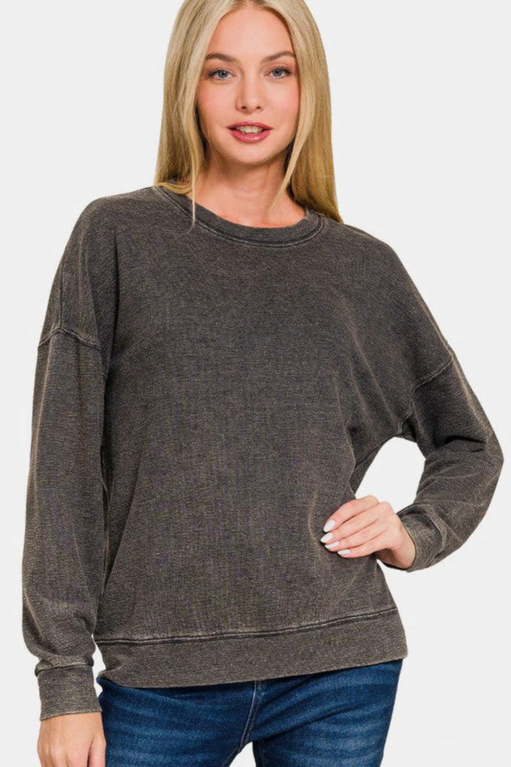 Zenana Washed Round Neck Dropped Shoulder Sweatshirt - Sweatshirts & Hoodies - FITGGINS