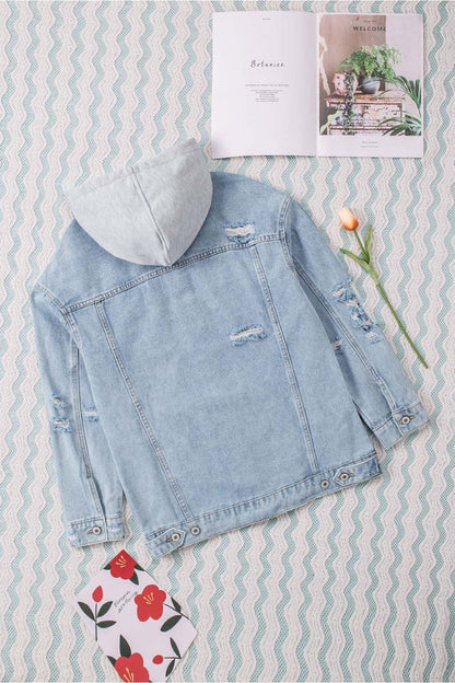 Distressed Hooded Denim Jacket - Denim Jackets - FITGGINS