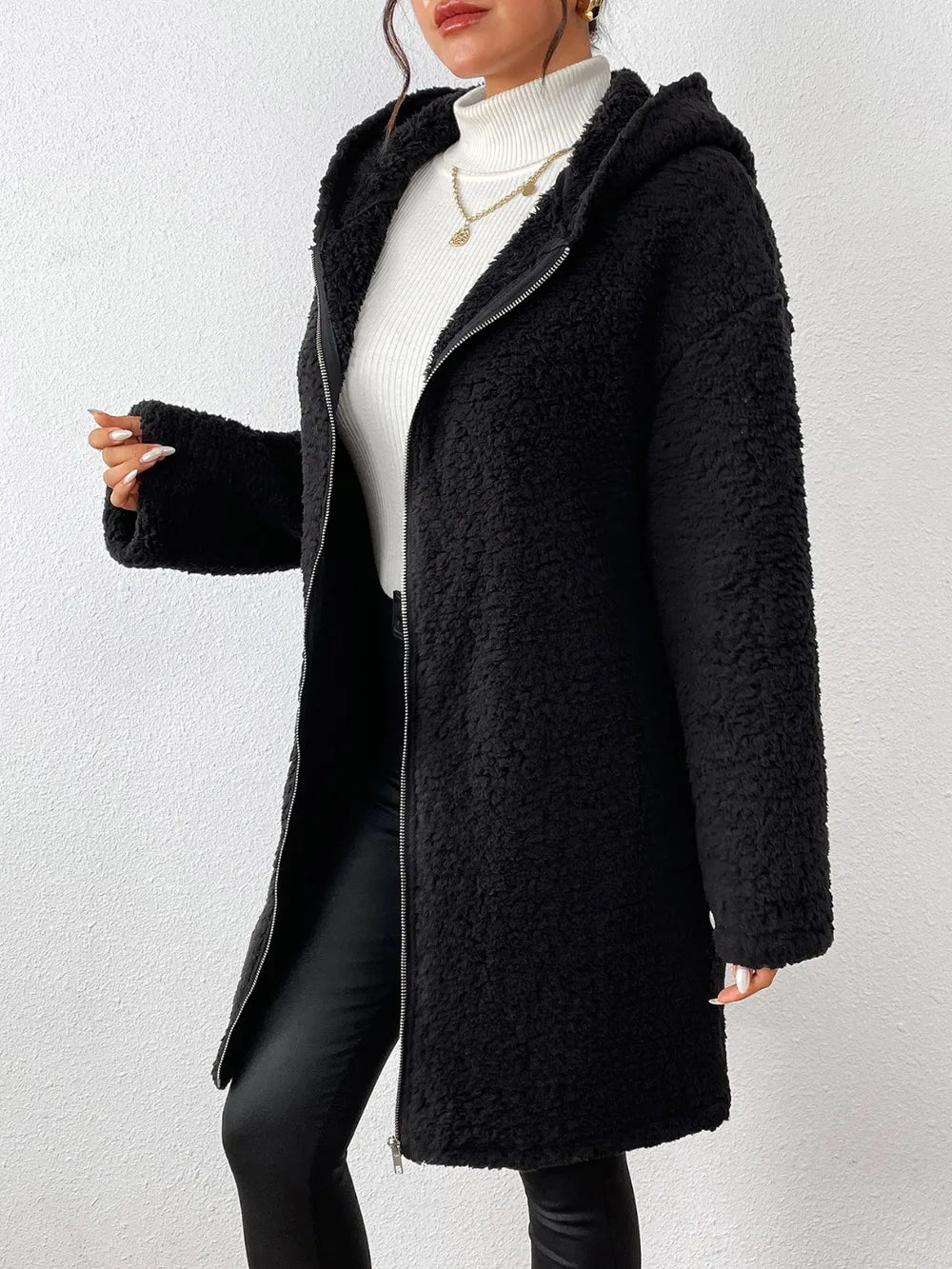Zip Up Long Sleeve Sherpa Hooded Coat Fitggins