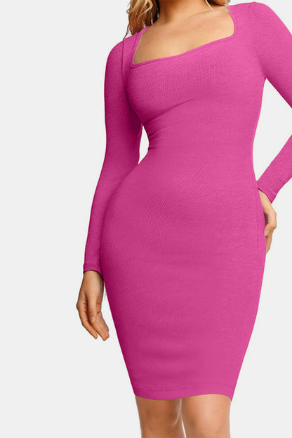 Basic Bae Full Size Built-In Shapewear Square Neck Long Sleeve Dress - Shapewear - FITGGINS