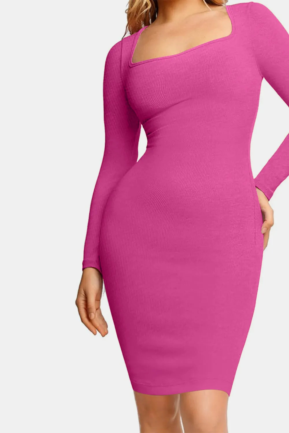 Basic Bae Full Size Built-In Shapewear Square Neck Long Sleeve Dress Fitggins
