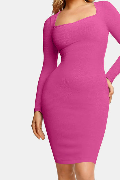Basic Bae Full Size Built-In Shapewear Square Neck Long Sleeve Dress Fitggins