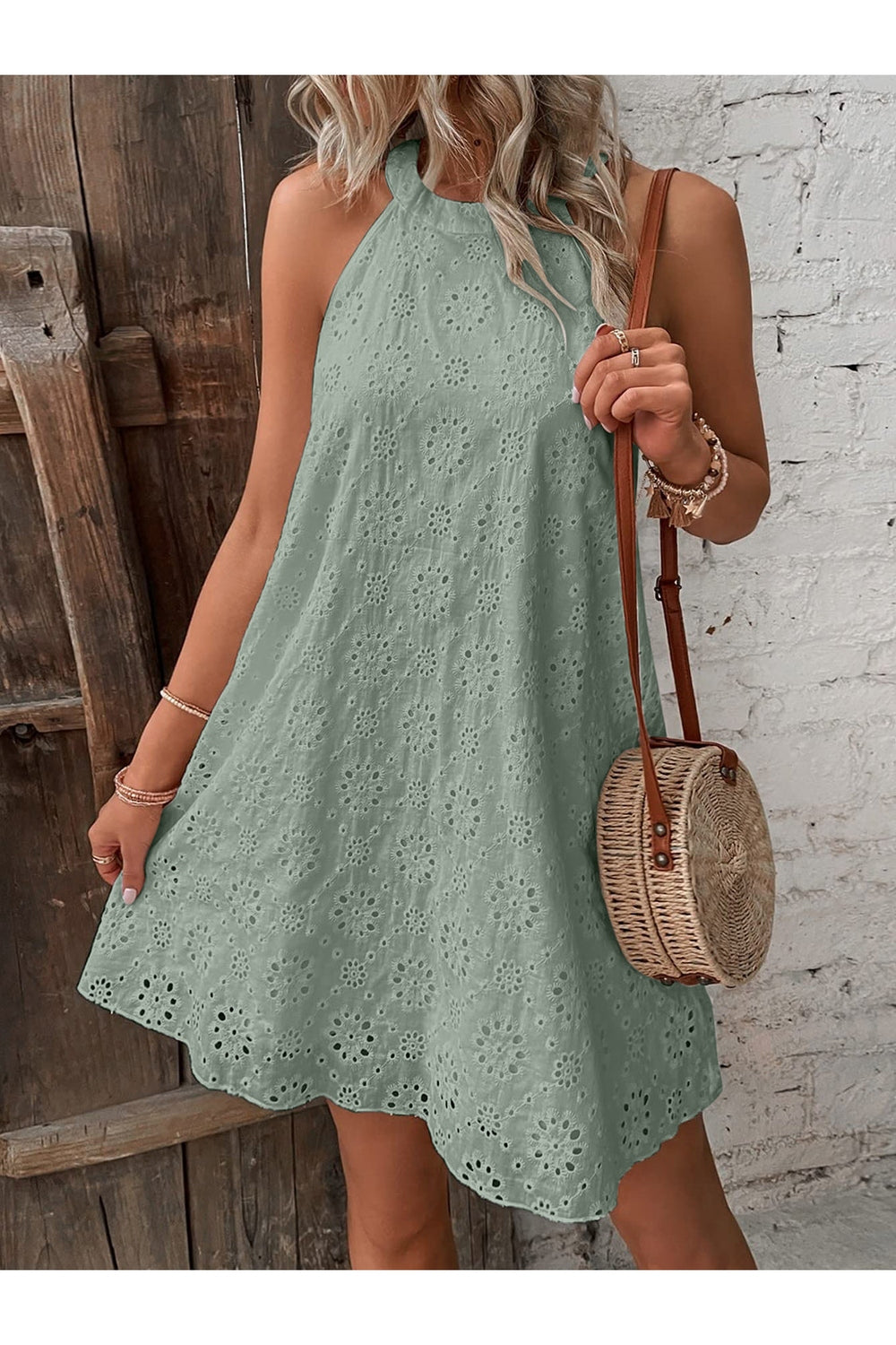 Eyelet Grecian Neck Mini Dress - Casual & Maxi Dresses - FITGGINS