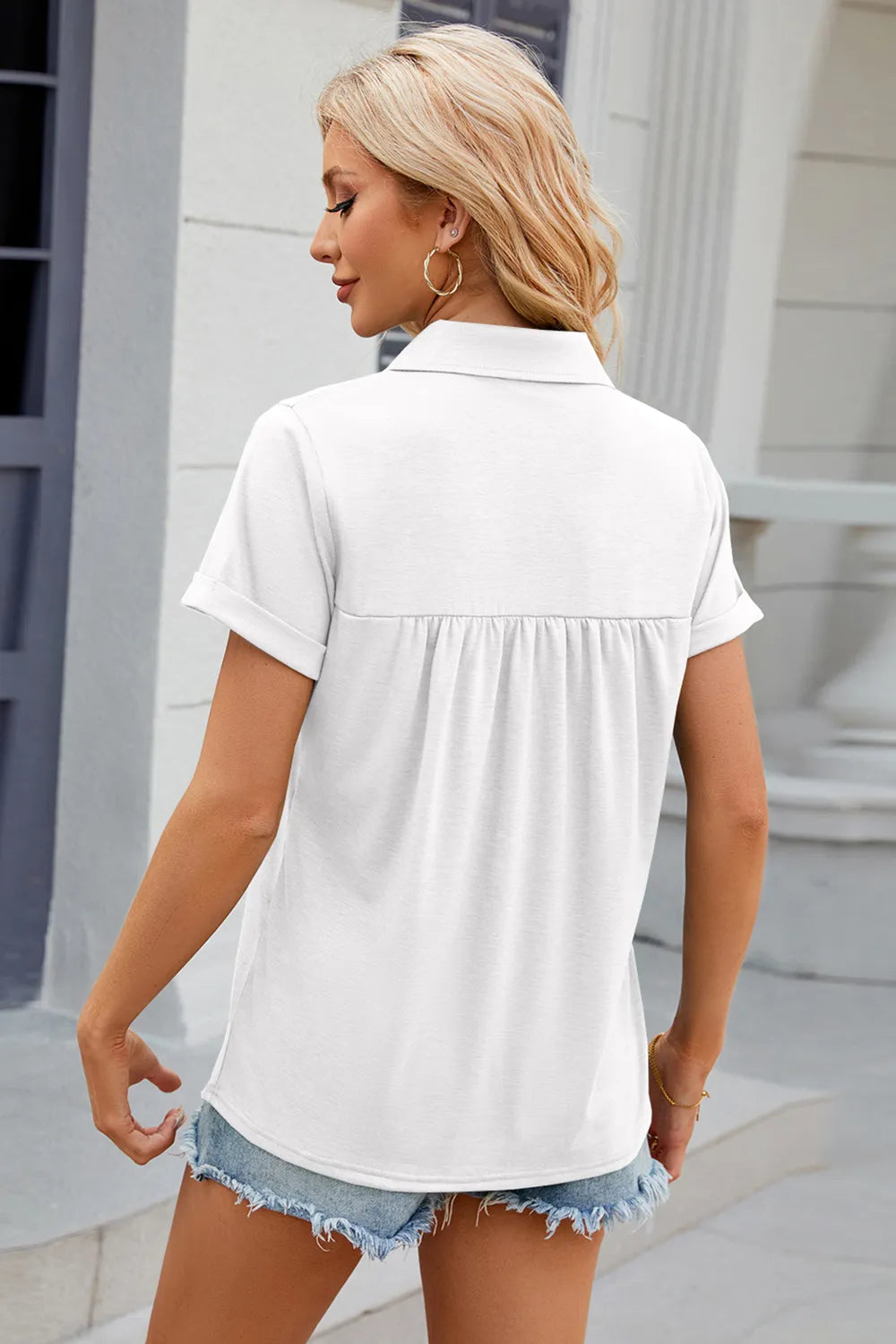Ruched Johnny-Collar Short-Sleeve Blouse Fitggins