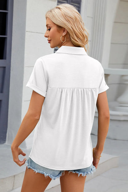 Ruched Johnny-Collar Short-Sleeve Blouse Fitggins