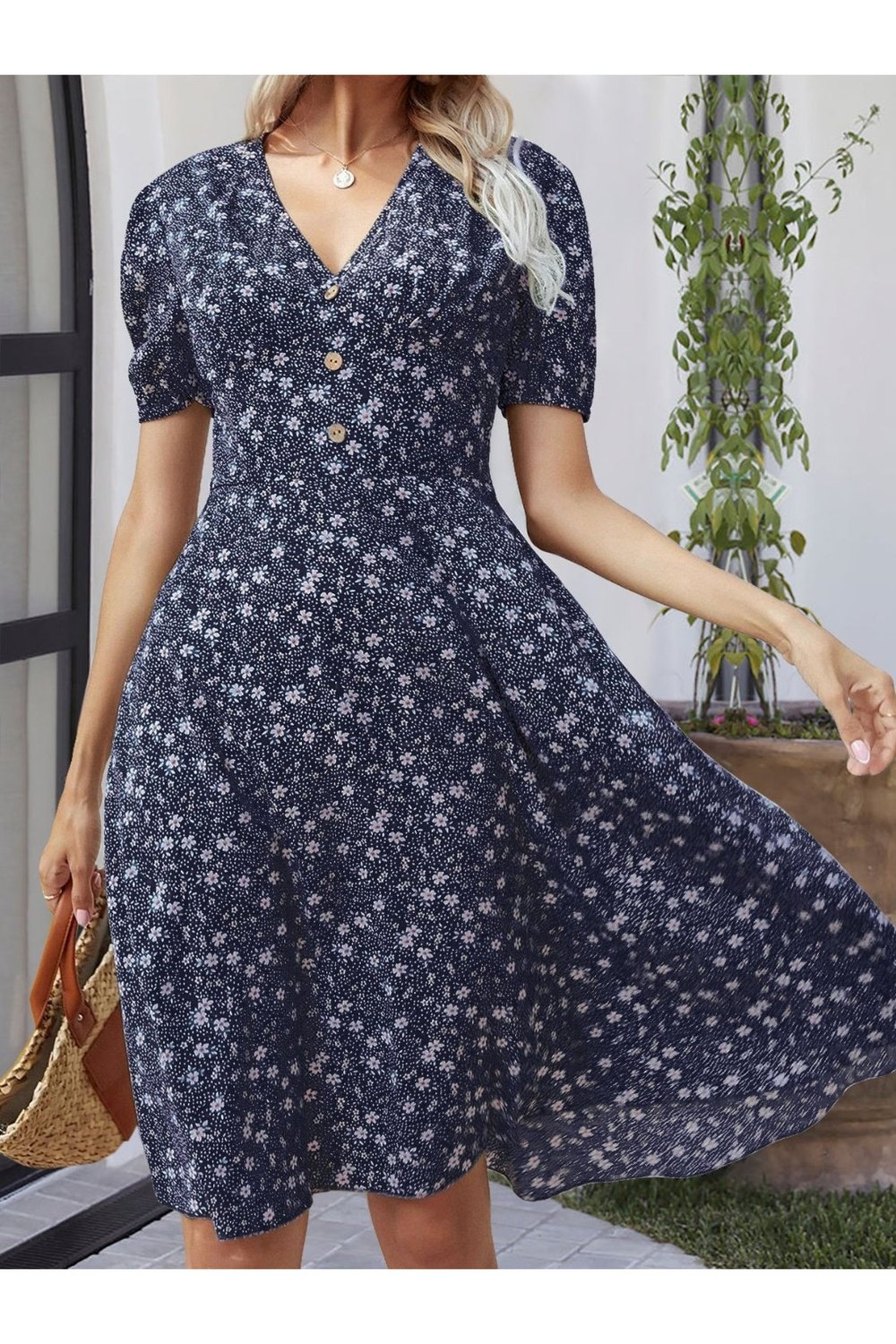 Printed V-Neck Short Sleeve Dress - Casual & Maxi Dresses - FITGGINS