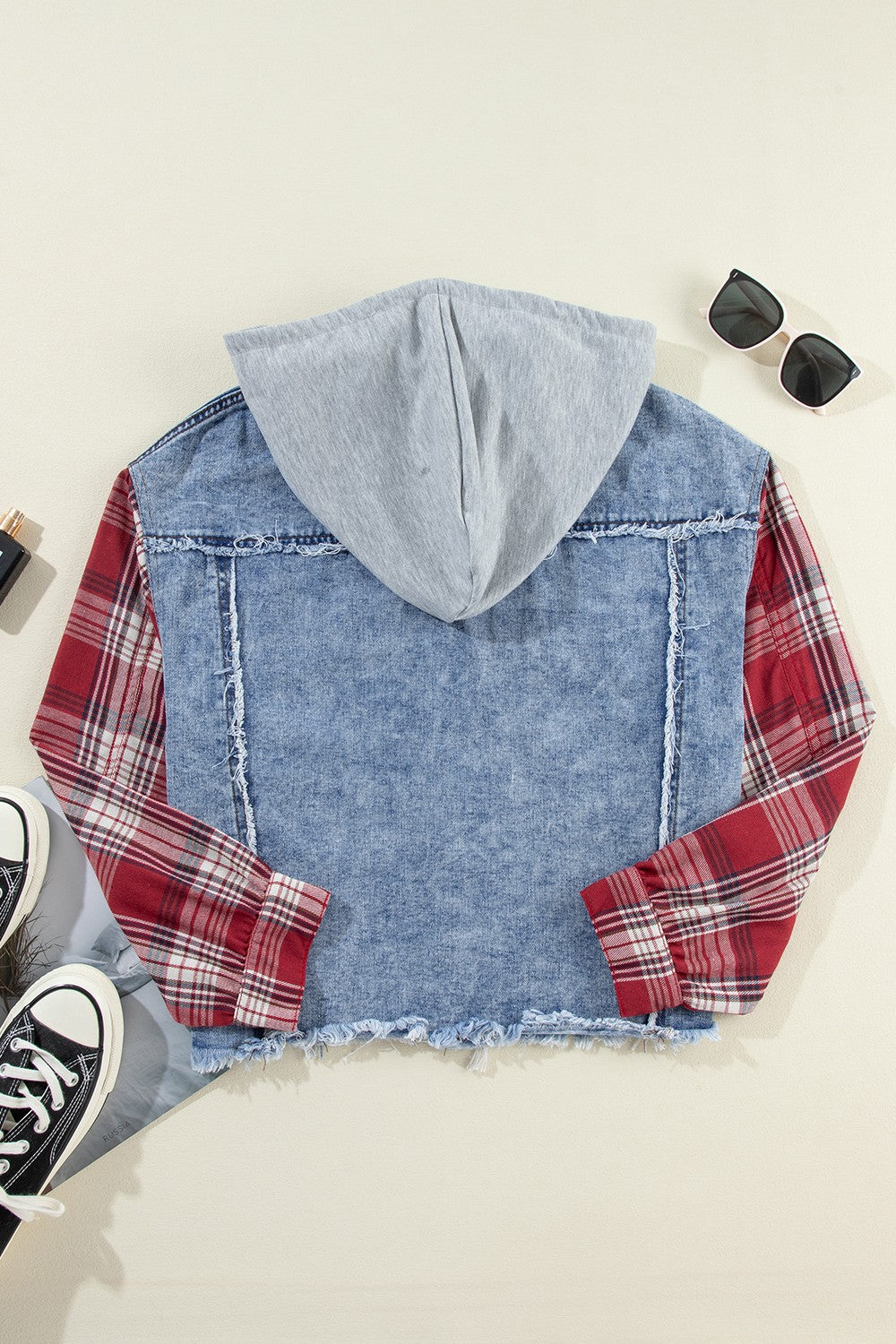 Raw Hem Drawstring Plaid Denim Jacket - Denim Jackets - FITGGINS