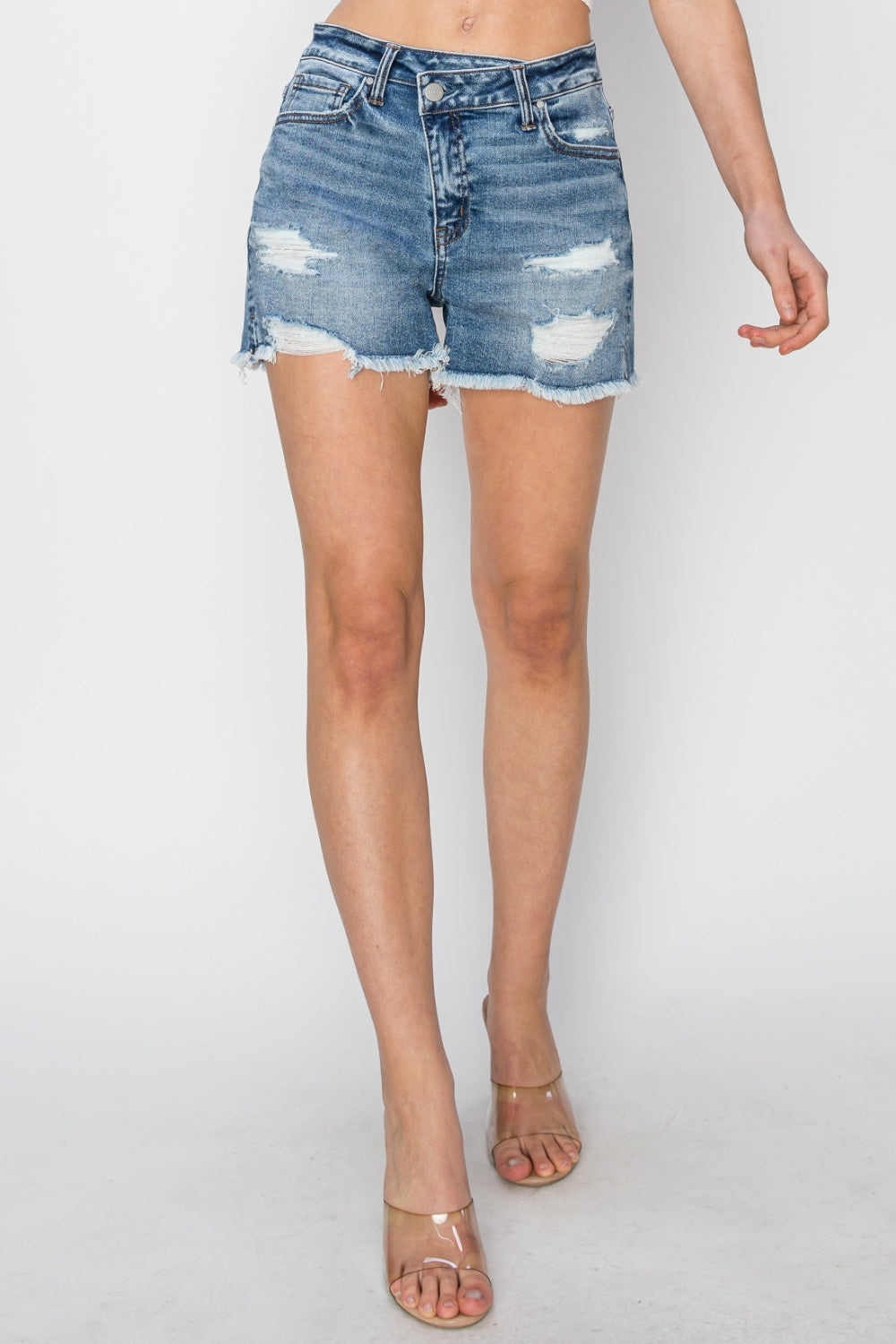 RISEN Stepped Waist Frayed Denim Shorts - Denim Shorts - FITGGINS