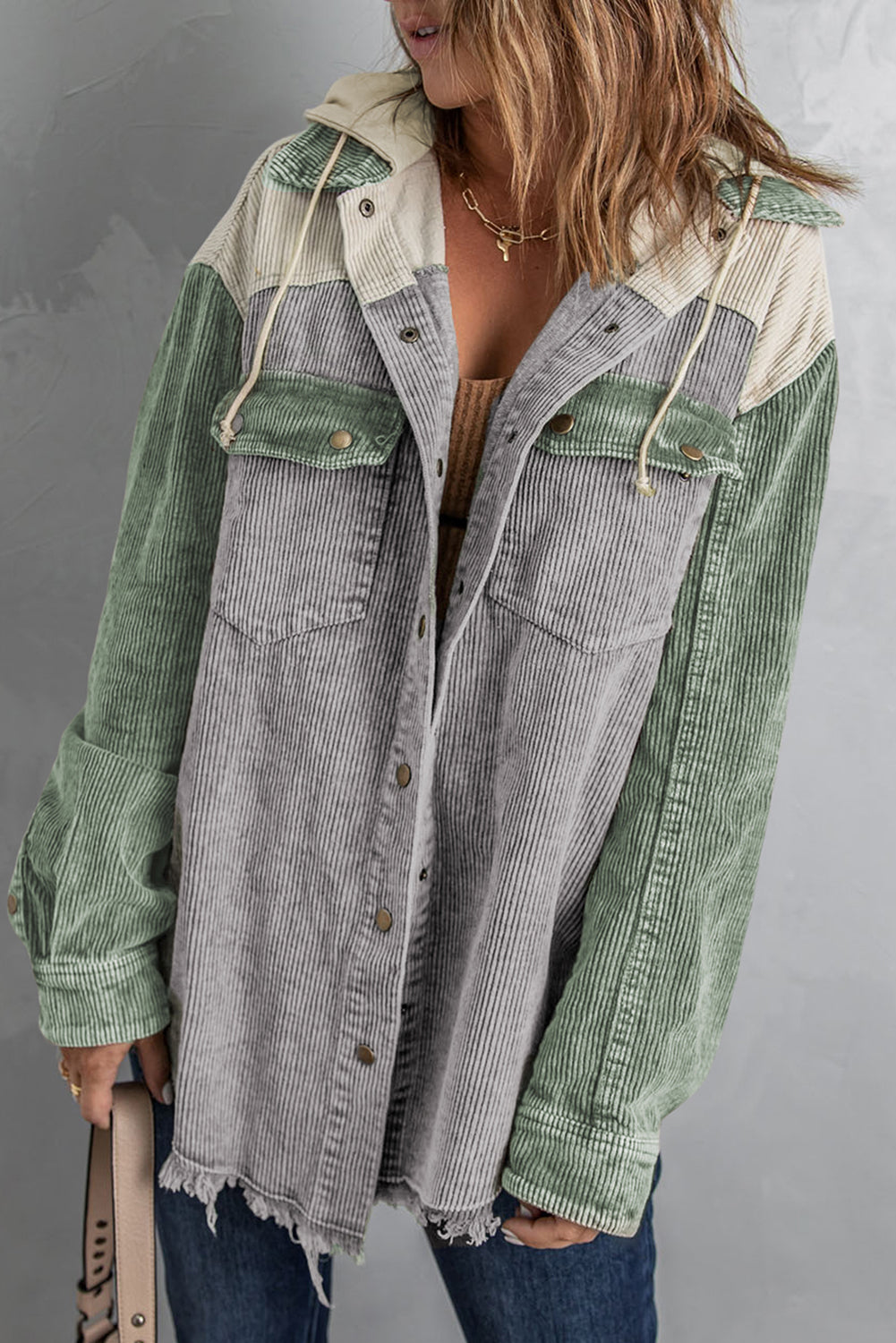 Snap Front Hooded Corduroy Shacket Gray Fitggins