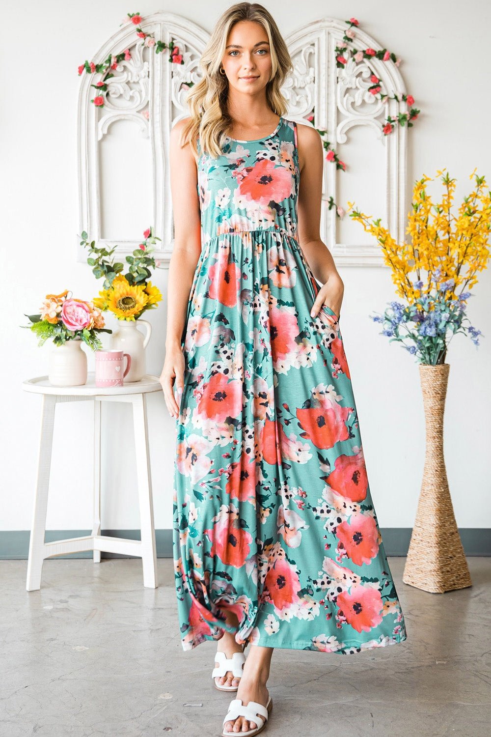 Floral Sleeveless Maxi Dress with Pockets - Casual & Maxi Dresses - FITGGINS