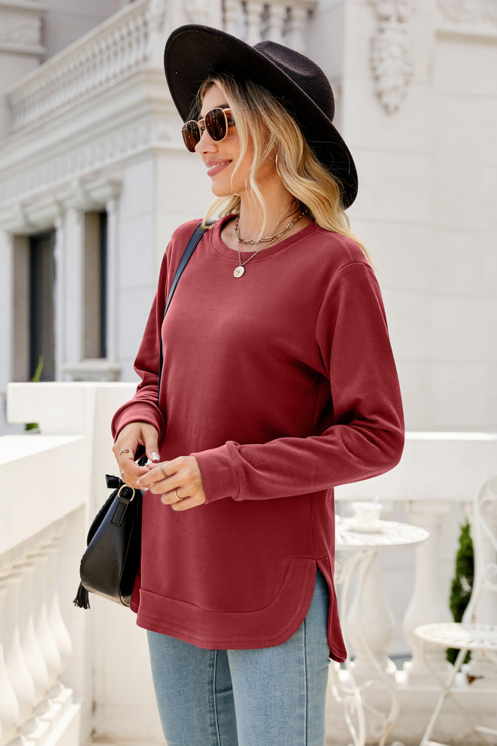 Round Neck Slit Tunic Top - T-Shirts - FITGGINS