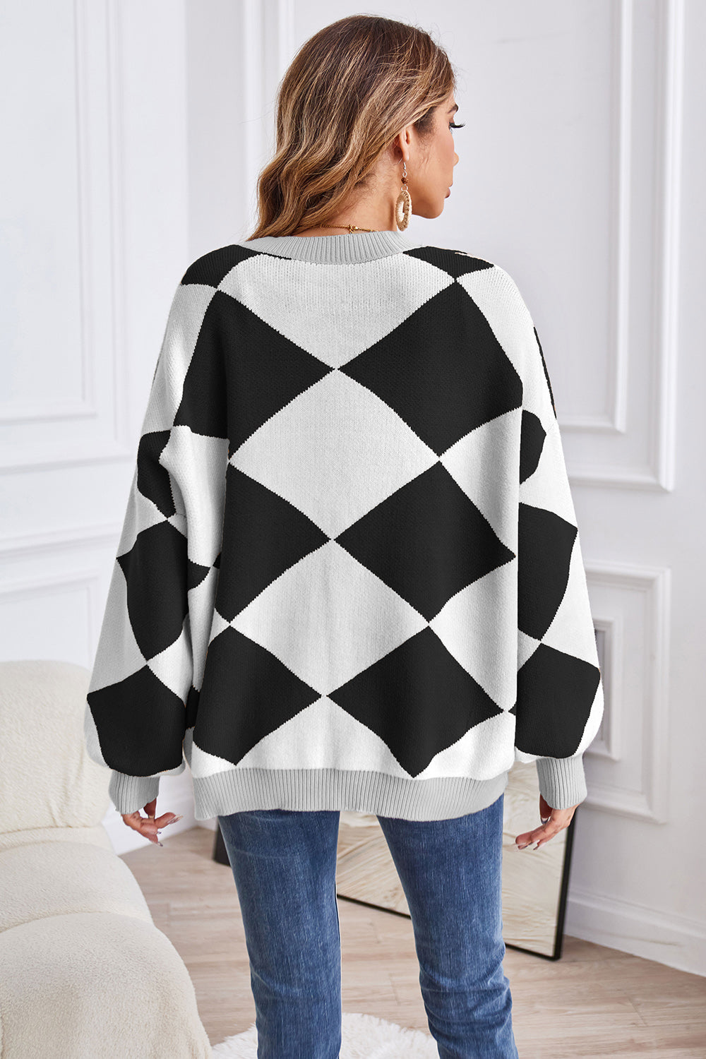 Geometric Lantern Sleeve Cardigan with Pockets Fitggins