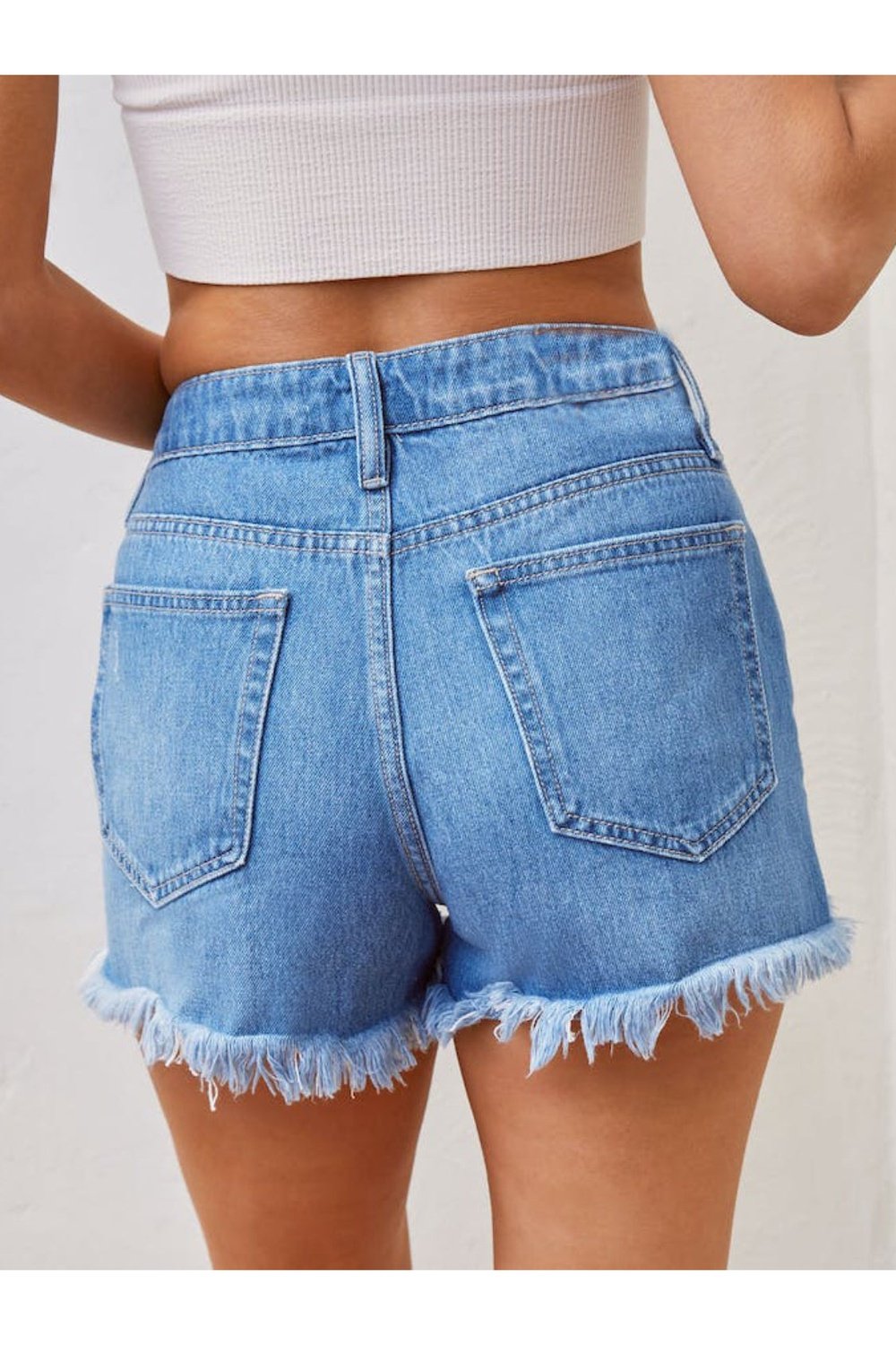 Distressed Raw Hem Denim Shorts - Denim Shorts - FITGGINS