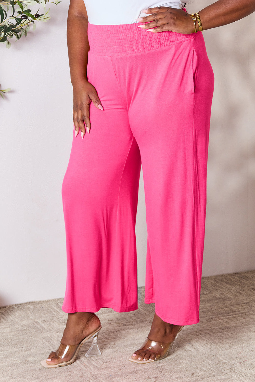 Double Take Full Size Smocked Wide Waistband Wide Leg Pants - Pants - FITGGINS