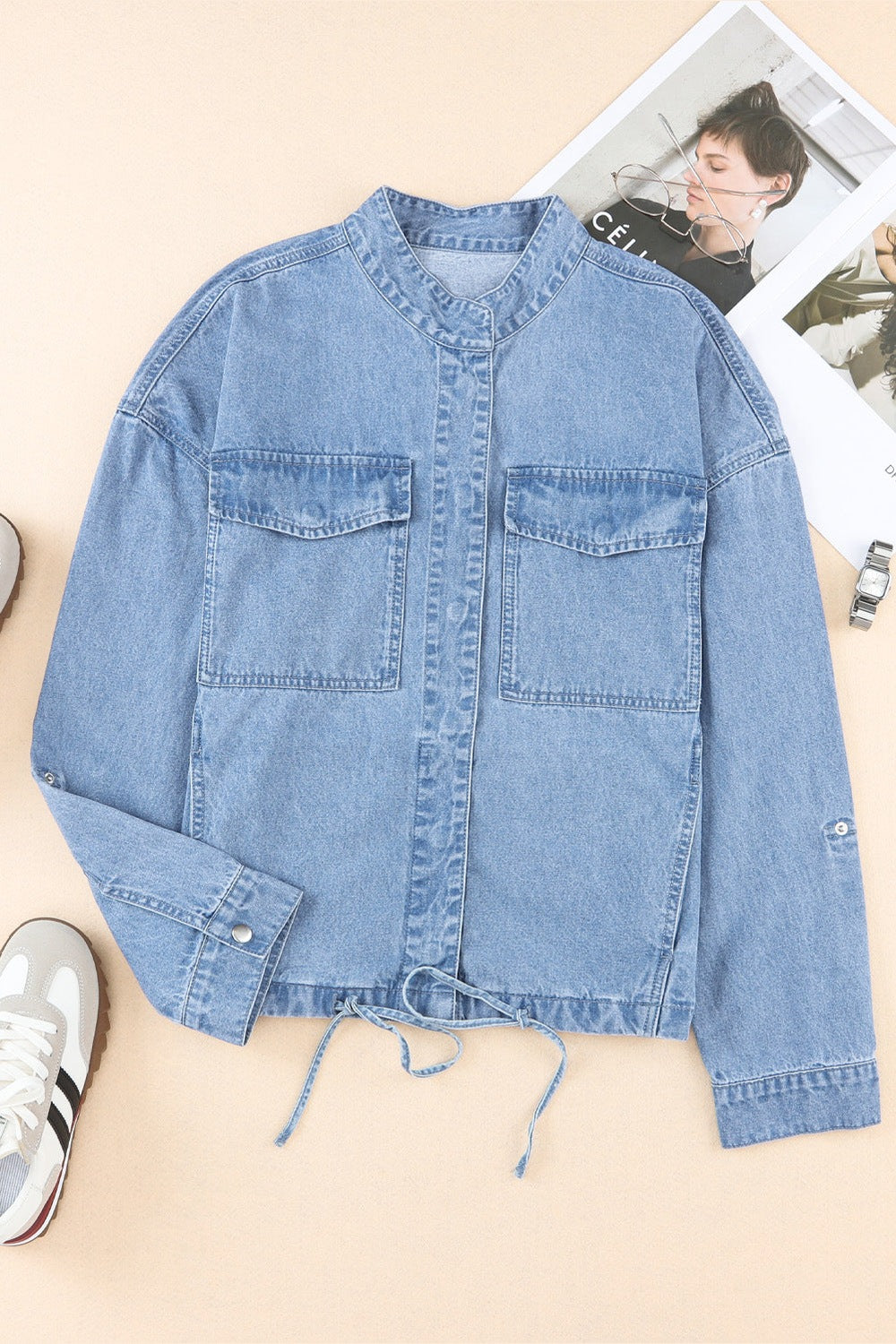 Drawstring Snap Down Denim Jacket with Chest Pockets - Denim Jackets - FITGGINS