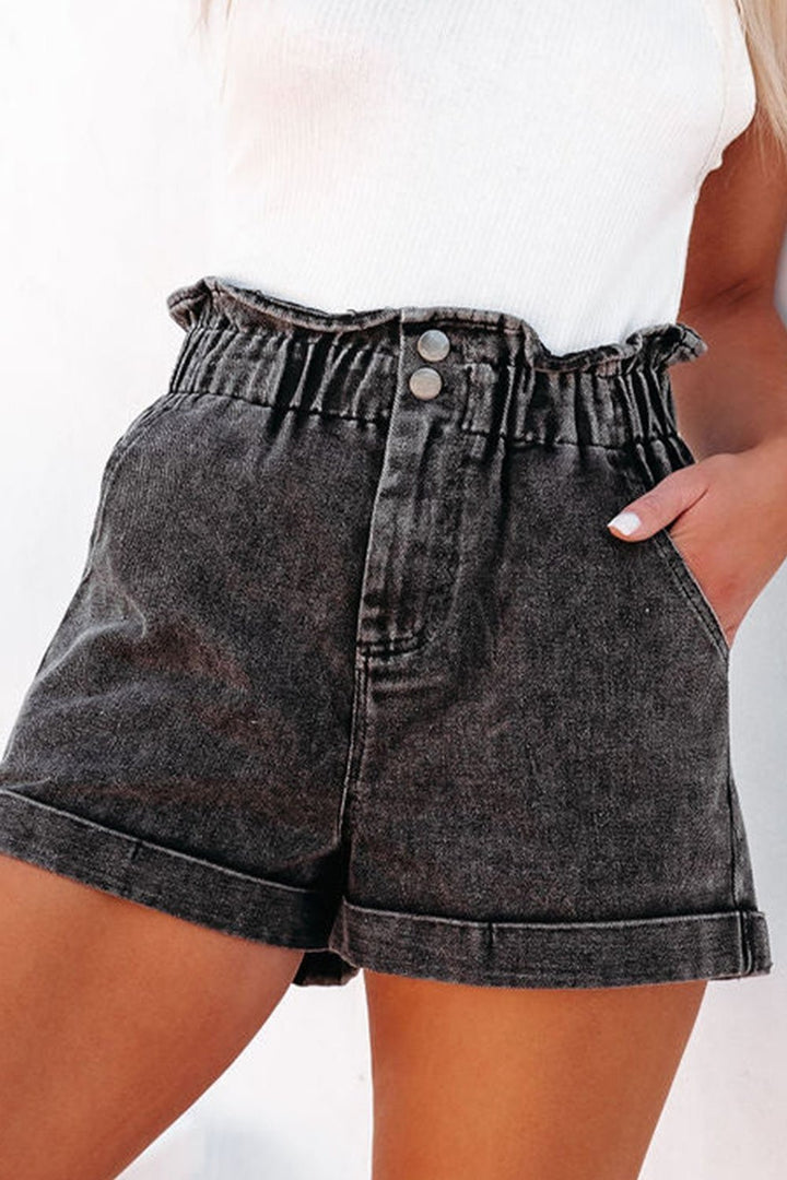 Paperbag Waist Denim Shorts with Pockets - Denim Shorts - FITGGINS