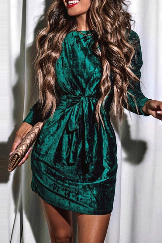 Tied Round Neck Long Sleeve Dress - Cocktail Dresses - FITGGINS