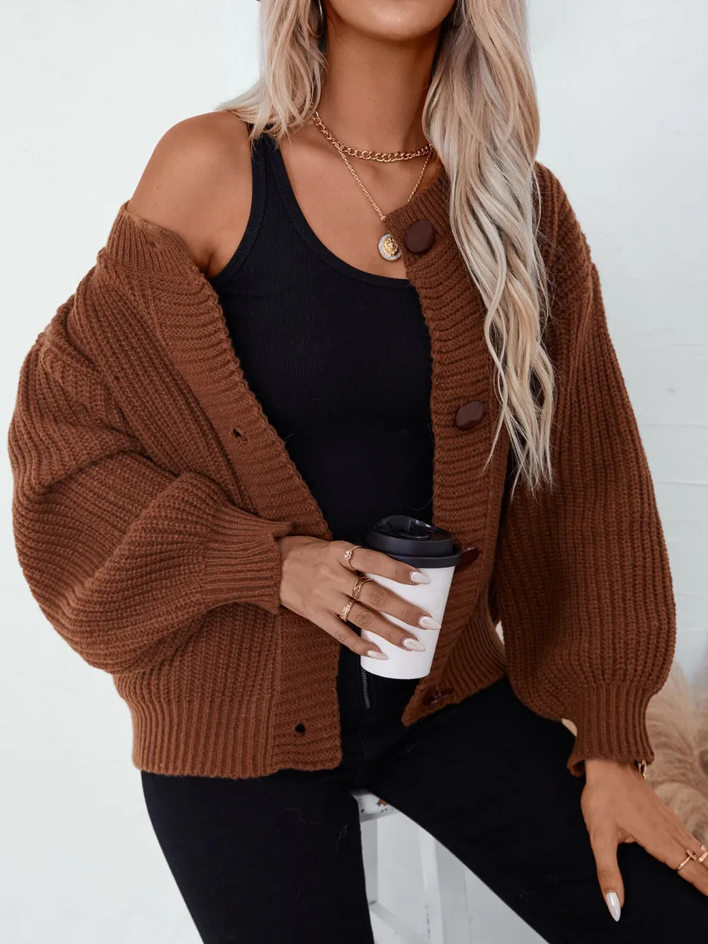 Button Down Long Sleeve Cardigan Fitggins