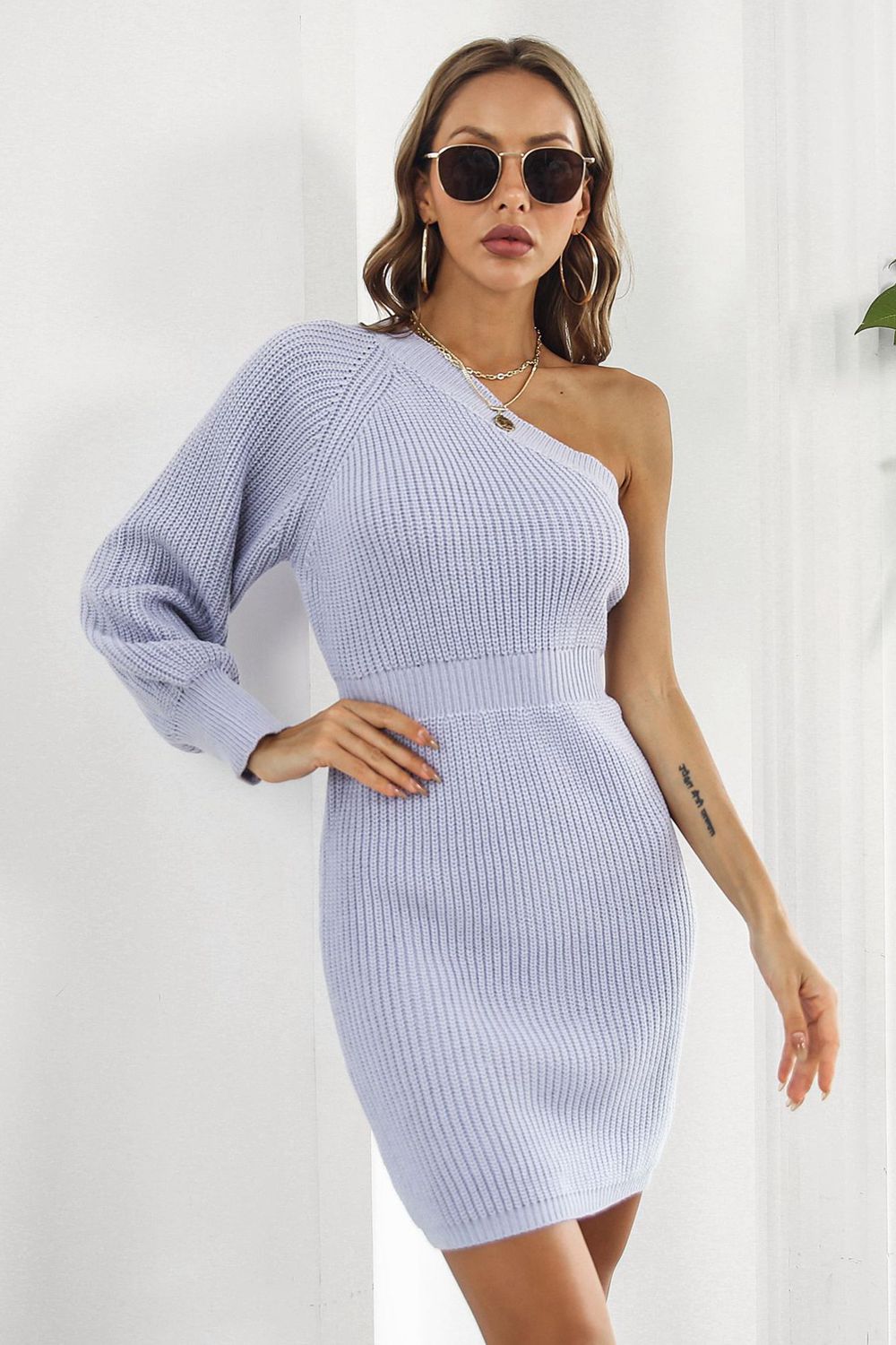 One Shoulder Raglan Sleeve Pencil Sweater Dress - Sweater Dresses - FITGGINS