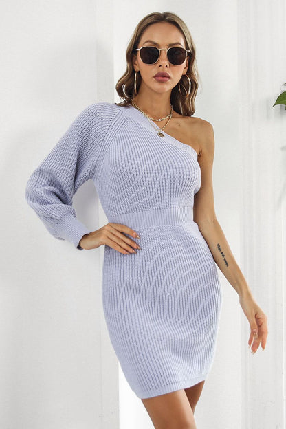 One Shoulder Raglan Sleeve Pencil Sweater Dress - Sweater Dresses - FITGGINS