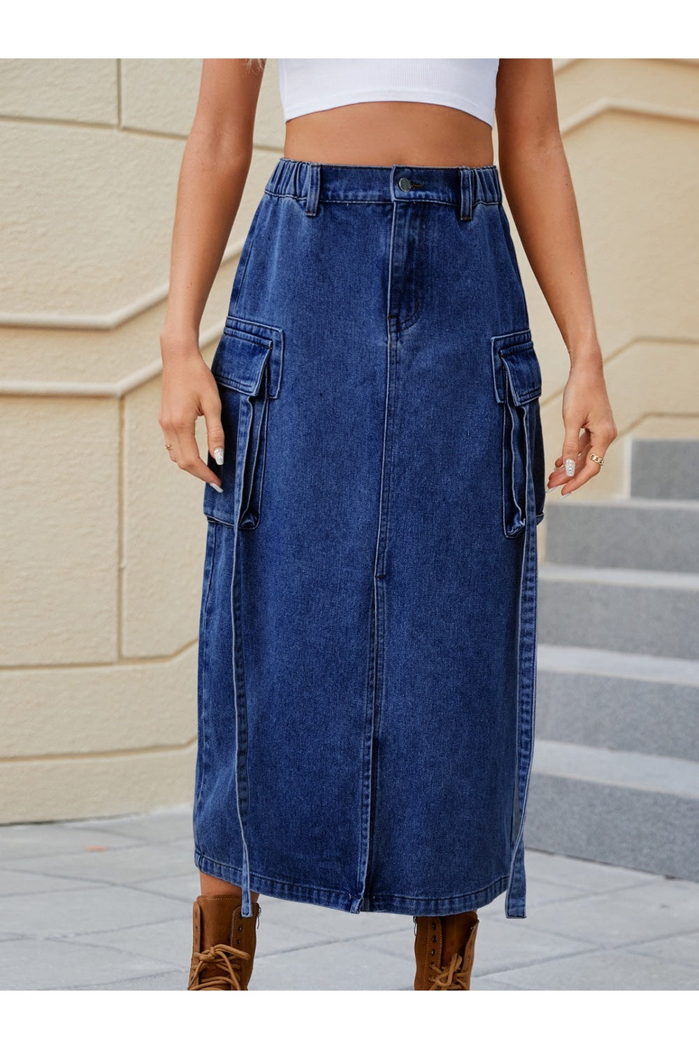 Slit Pocketed High Waist Denim Skirt - Shirts - FITGGINS