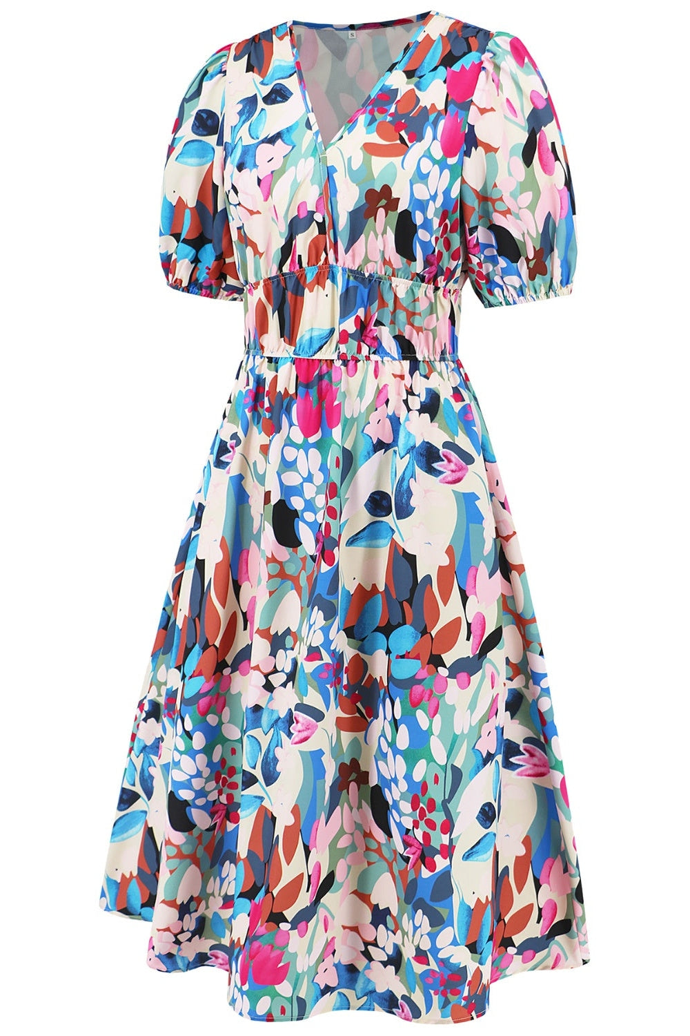 Ruched Printed Surplice Short Sleeve Dress - Casual & Maxi Dresses - FITGGINS