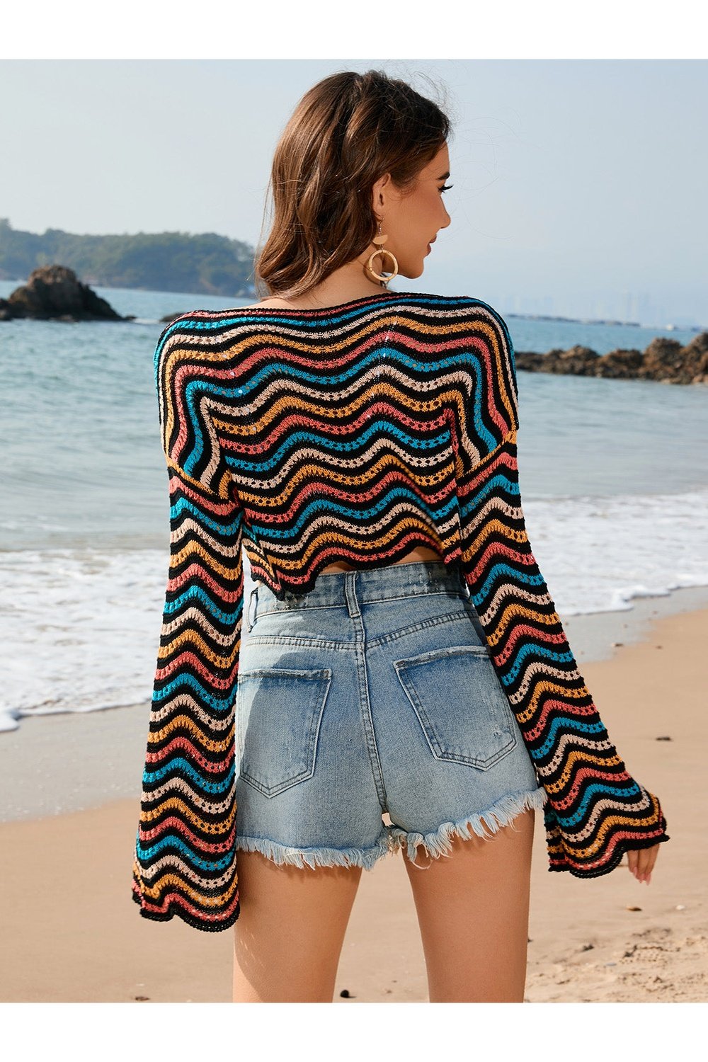 Striped Boat Neck Long Sleeve Cover Up - Cover-Ups - FITGGINS